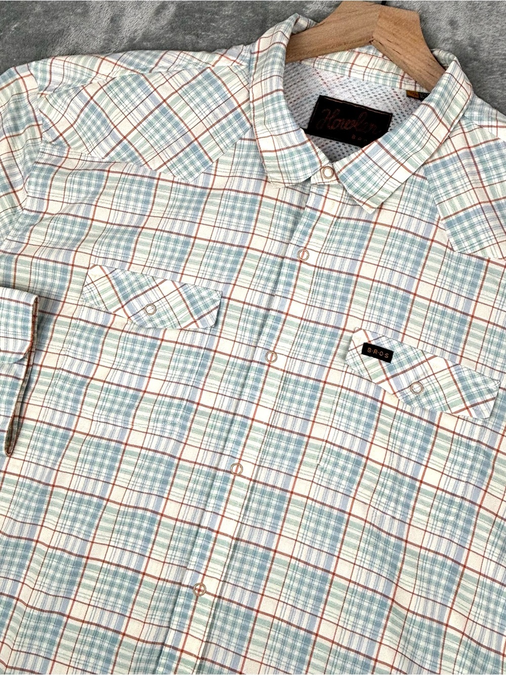 Howler Bros H Bar B Tech Snap Shirt Mens XXL Green Orange Plaid Vented Western